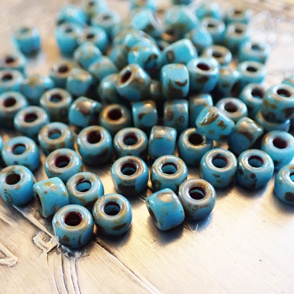 50 - Turquoise Blue Picasso 4x3mm 3-Cut, Opaque Trica, 6/0 Faceted Seed Beeds, Czech Republic Glass Beads