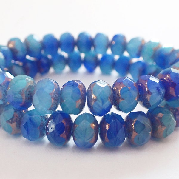 10 - Sapphire Blue & Aqua Swirl 9x6mm Faceted Rondelle Beads, Bronze Finish, Czech Repubic Glass Beads