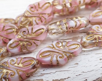 4 - Pink, White & Crystal 19x9mm Arabesque Beads, Bronze Finish, Diamond, Czech Republic Glass Beads