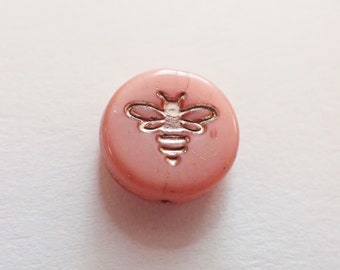 6 - Little Bee 12mm Pink Silk Coin Beads, Platinum Wash, Czech Republic Glass Beads