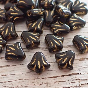 15 - Black & Gold 9mm Lily Flowers, Opaque, Tiny Flowers, Czech Republic Glass Beads