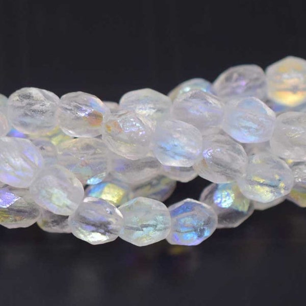 25 - Matte Crystal AB Etched 6mm Fire Polished Faceted Round Beads, Translucent, Czech Republic Glass Beads, Rough Stone-Like Finish