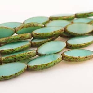 8 - Turquoise Green Silk Picasso 20x8mm Spindle Beads, Czech Glass