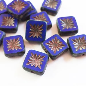 6 - Sapphire Blue Picasso Table Cut Starburst 10mm Square Beads, Opaque, Kiwi, Czech Republic Glass Beads