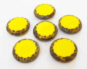 BULK SALE! 20 - Yellow Picasso Mayan Sun 16mm Coin Beads, Opaque Table Cut, Etched Edges, Czech Republic Glass Beads