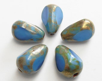 8 - Blue Silk Picasso 12x8mm Faceted 3-Cut Teardrop Beads, Bronze Luster, Opaque, Czech Republic Glass Beads