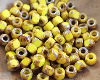 50 - Matubo Lemon Yellow Picasso 4x3mm 3-Cut, Opaque Trica, 6/0 Faceted Seed Beads, Rembrandt, Czech Republic Glass Beads