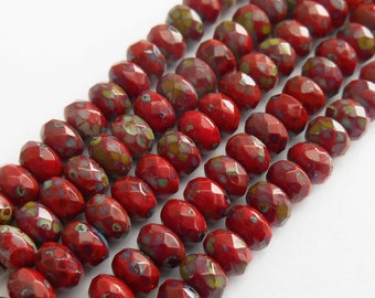 10 - Red Picasso 7x5mm Faceted Rondelle Beads, Opaque, Czech Republic Glass Beads