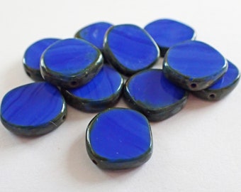 4 - Sapphire Blue Silk Picasso 15mm Table Cut Coin Beads, Opaque,  Irregular Shape, Czech Republic Glass Beads