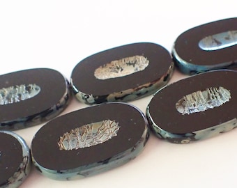 BULK SALE! (40% OFF) 18 beads - Black Picasso 26x15mm Table Cut Oval Slab Beads, Opaque, Czech Republic Glass Beads