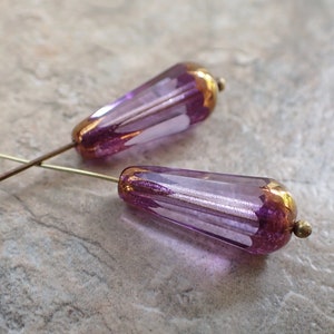 2 - Alexandrite Purple 20x9mm Faceted Vertical Teardrop Beads, Dark Bronze Finish, Translucent, Czech Republic Glass Beads