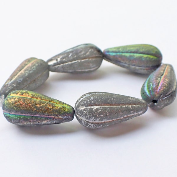 4 - Antique Silver 22x11mm Melon Teardrop Beads, AB & Etched Finish, Opaque, Czech Republic Glass Beads