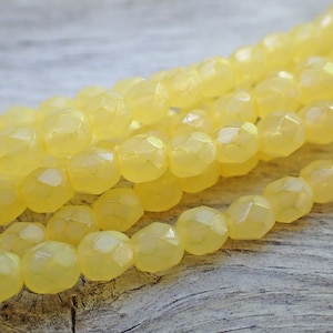 25 - Light Yellow Opal 6mm Faceted Fire Polished Round Beads, Translucent, Czech Republic Glass Beads