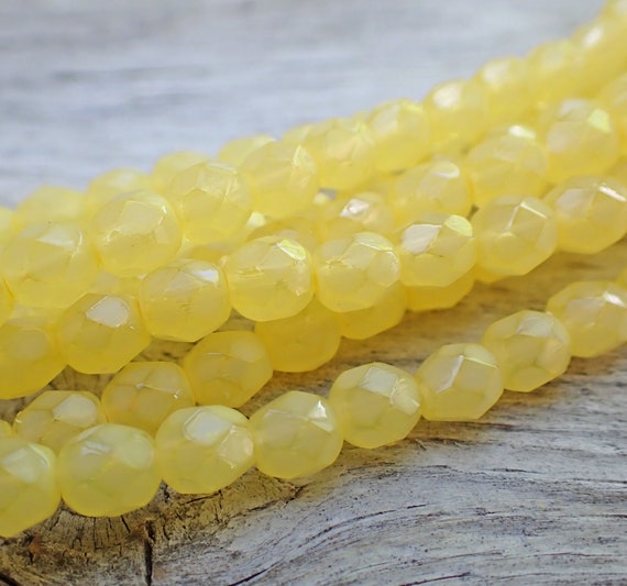 Yellow Opal, Czech Fire Polished Round Faceted Glass Beads, 6mm 60pcs, -  Crystals and Beads for Friends