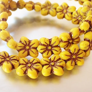 6 - Matte Yellow 14x13mm Puffed Lovely Flower Beads, Bronze & Gold Washes, 14x12mm, Czech Republic Glass Beads