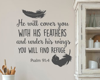 He Will Cover You With His Feathers Quote, Bible Verse Wall Decal, Psalm 91:4, Christian Wall Sticker, Scripture Wall Art, Bible Quotes Q222