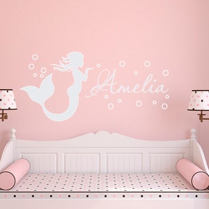 Mermaid Name Wall Decal Girl, Personalized Mermaid Girl Wall Sticker, Mermaid Wall Art Decal with Custom Baby Name for Girls Room Decor M070