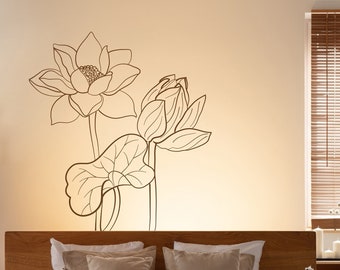 Handpainted Lotus Flower Wall Decal, Floral Wall Decor, Floral Wall Art, Flower Ornament, Plant Sticker Home Decor, Outline Wall Art F187