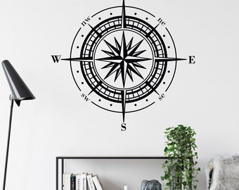 Calcomanía de vinilo para pared con diseño de rosa de los vientos náuticos: Decoración de aventuras vintage F206