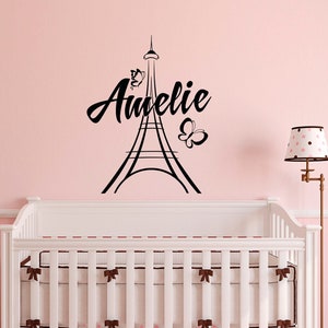 Calcomanía de pared de la Torre Eiffel para niños, decoración de pared personalizada para niñas, arte de pared con temática de París, calcomanía de pared con nombre para niñas, decoración de guardería de París {067}