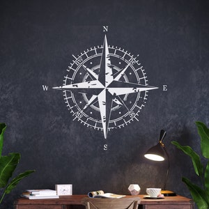 Vintage Compass Wall Decal, Compass Rose Decal, Nautical Compass Wall Art, North South West East Bedroom Decor, Adventure Vinyl Decal F85