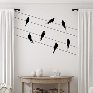 Vögel auf Draht Wandkunst, Vögel Wanddekor für Wohnzimmer, Vogelschwarm Wandtattoo, Familiendekoration, Vögel Vinyl Aufkleber für die Wand F80