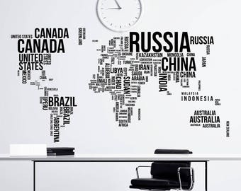 Large World Map with Countries Wall Decal Sticker, World Map Travel Wall Decal Stickers for Bedroom Office Geography Classroom Decor {081}