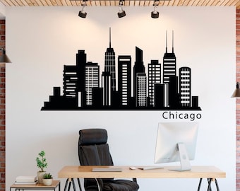 Office Wall Decal Chicago Skyline Wall Decals Murals Chicago City Silhouette Vinyl Stickers Made In Any Colors And Size You Want C151