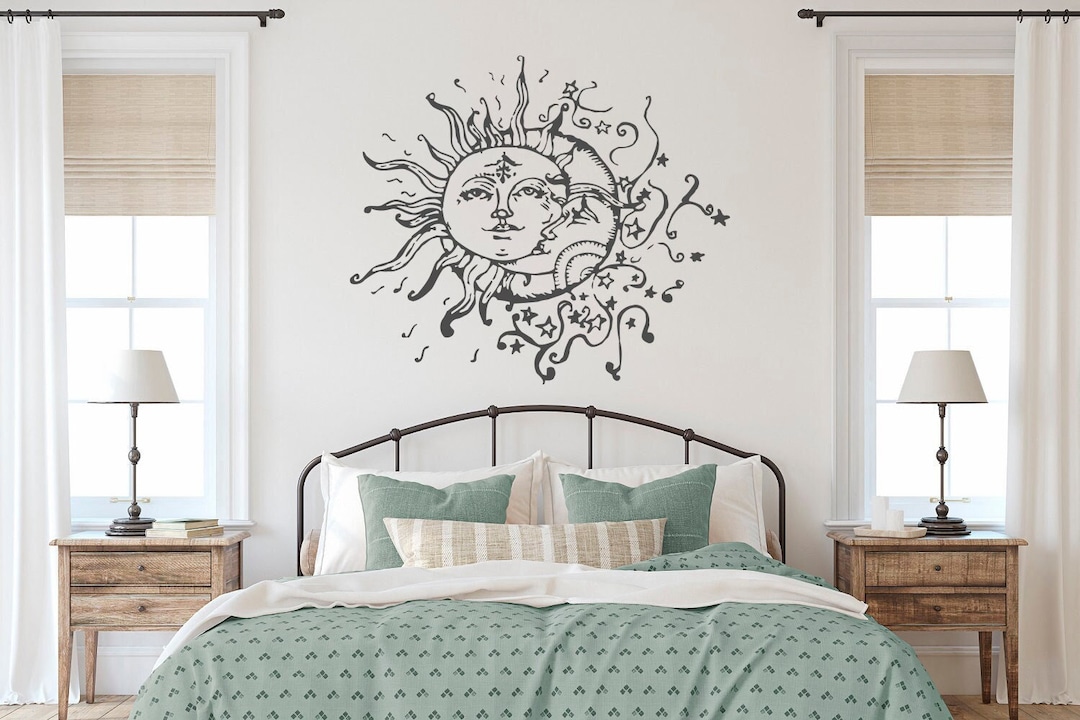 Sun Moon Stars Wall Decal: Bohemian Bedroom Decor, Ethnic Night Art ...
