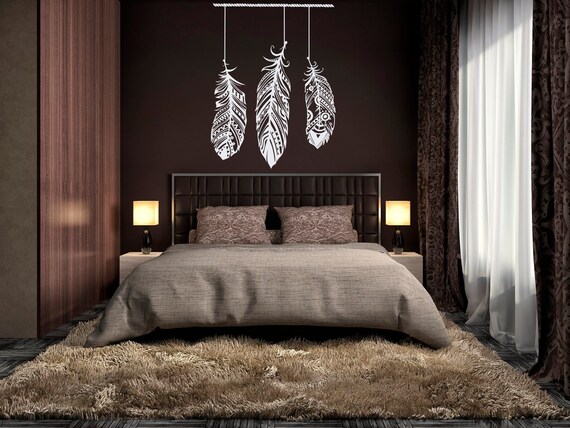 Bedroom Wall Decal Feathers Decor Boho Bohemian Style Removable Vinyl Sticker For Home And Living Cozy Design Interior With Feathers C058