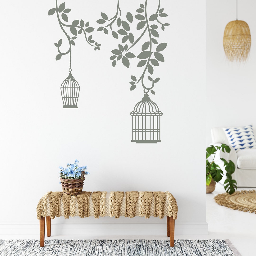 Vintage Bird Cage Wall Decal, Bird Cages Wall Sticker, Floral Wall Art