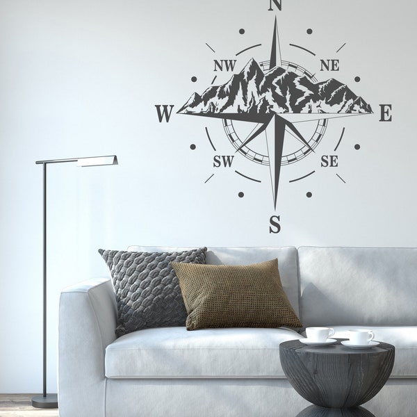 Mountain With Compass Wall Decal, Travel Vinyl Wall Stickers, Adventure Wall Decor, Mountain Wall Art for Living Room, Adventurer Gifts F172