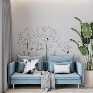 Handpainted Poppy Flower Wall Decal, Floral Wall Decor, Poppy Flowers Vinyl Sticker, Outline Wall Art, Living Room Decoration, Gift F125