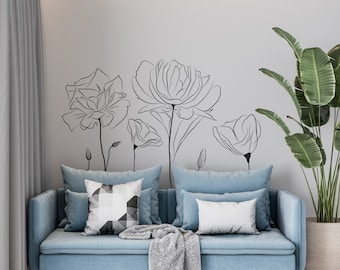 Handpainted Poppy Flower Wall Decal: Outline Vinyl Sticker F125