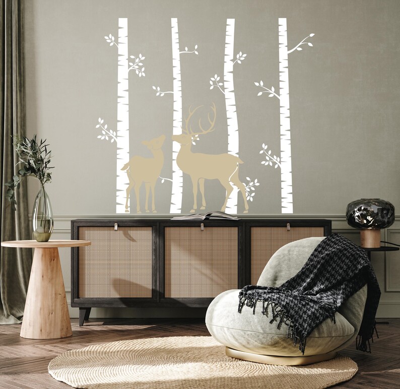 Deer Forest Wall Decal: Birch Tree Nursery Art - Woodland Animal ...