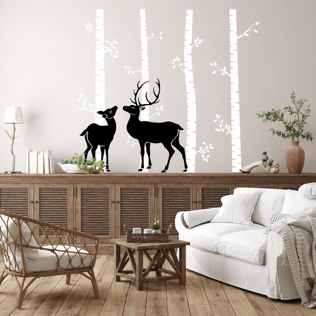 Deer Forest Wall Decal: Birch Tree Nursery Art - Woodland Animal ...