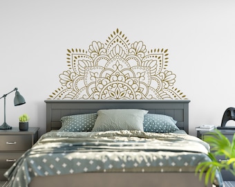 Sticker mural demi mandala, sticker tête de lit, art mural mandala pour chambre à coucher, décoration indienne, décoration murale bohème, cadeau de pendaison de crémaillère F157