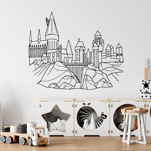 Muursticker magisch kasteel, vinylsticker tovenaarsschool, decor speelkamer, silhouet kasteel muurkunst, themakamer jonge tovenaar, geschenken F204
