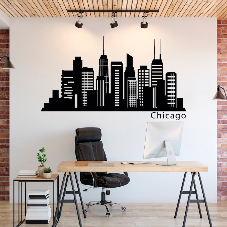 Office Wall Decal Chicago Skyline Wall Decals Murals Chicago Etsy