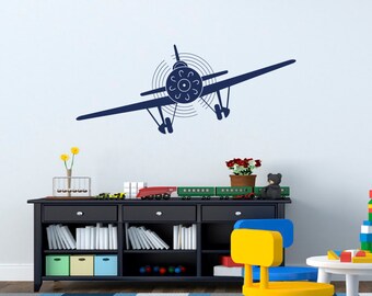Biplane Wall Decal: Vintage Airplane Vinyl Sticker, Kids Room Decor Q184