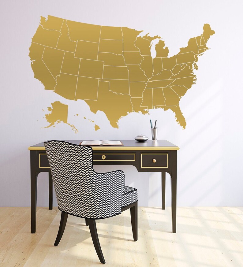 Usa Map Gold Decal United States Wall Decor Modern Art Office Geography Gift Ideas