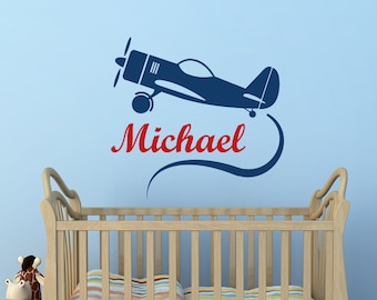 Airplane Wall Decal- Personalized Boy Name Decal Sticker Biplane Nursery Wall Decals Kids Baby Boys Room Bedroom Wall Art Home Decor M059
