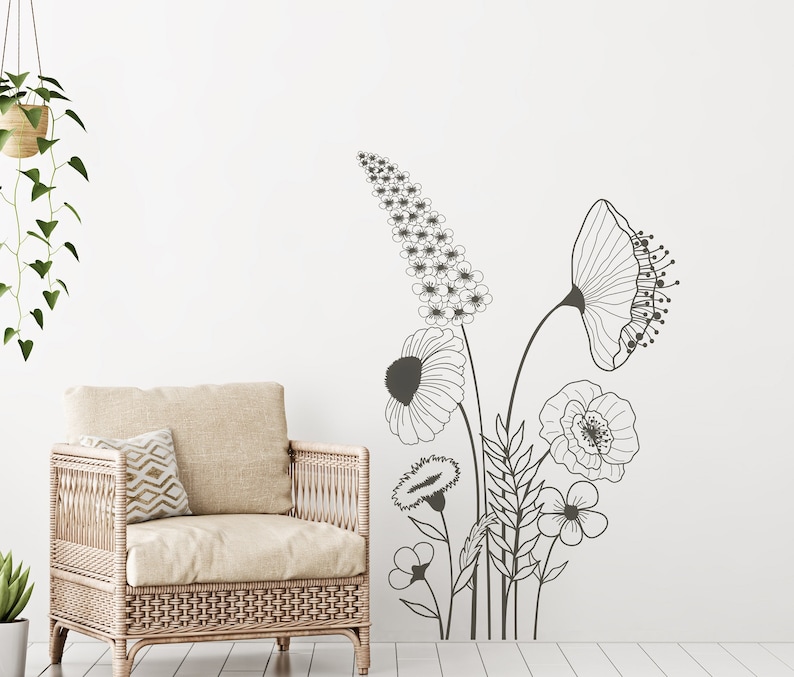 Wildflower Wall Decal - Minimalist Floral Vinyl Sticker: Boho Line Art ...