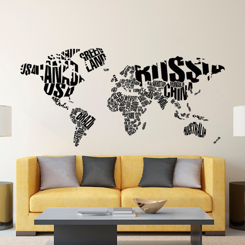 Wall Decal World Map Letters World Map Wall Decal Large Etsy