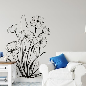 Poppy Flowers Wall Decal, Floral Wall Decor, Poppies Vinyl Sticker, Minimalist Decor, Wall Accent, Home Decoration, Housewarming Gift F131