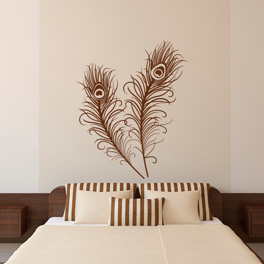 Feather Wall Decal Stickers Set Of 2 Peacock Feathers Decal Etsy