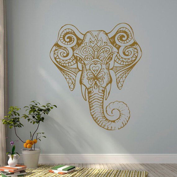 Gold Elephant Wall Decal Indian Elephant Vinyl Decal Yoga Wall Decal Bohemian Elephant Bedroom Decor Boho Elephant Vinyl Designs C114g