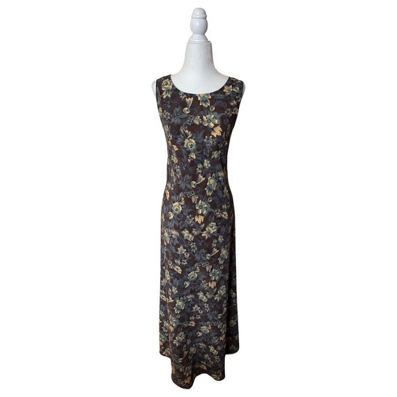 1990s Maurices Brown and Blue Floral Maxi Dress - image 1