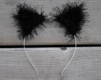 Fuzzy Black Cat Ear Crochet Headband