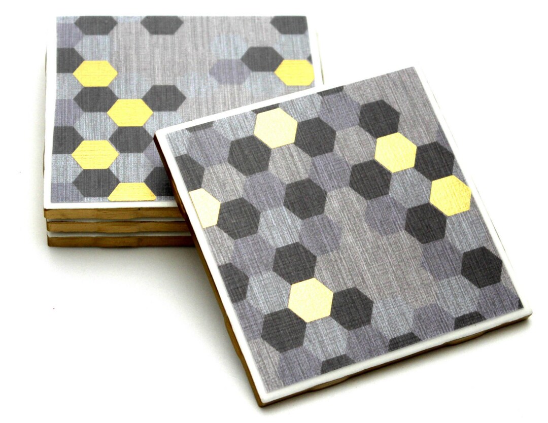 Geometric Grey Gold Drink Coasters Midcentury Table Coasters Hand